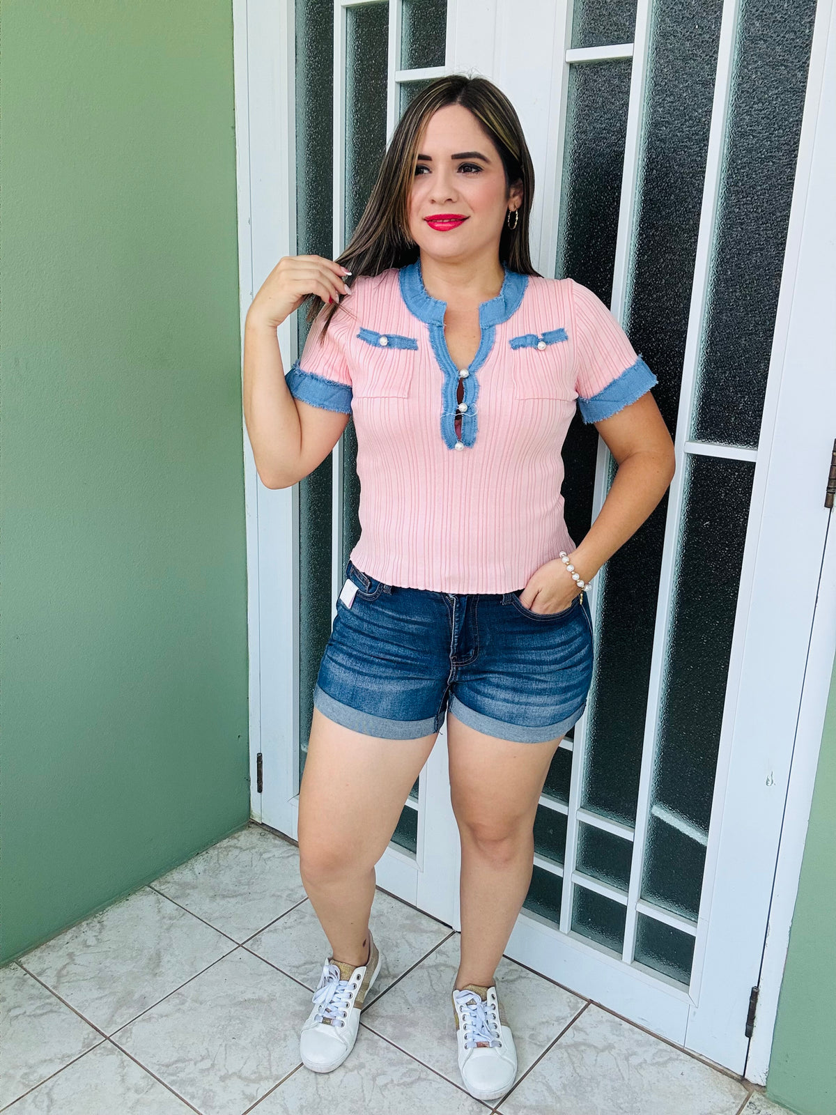 Top Denim  rosa